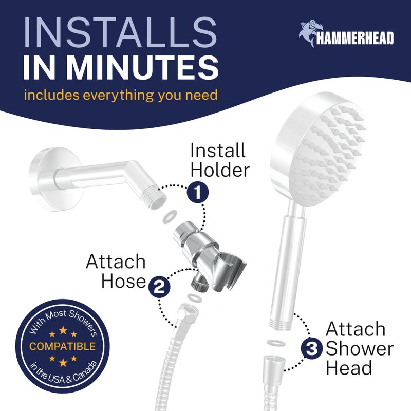 HammerHead Showers حامل رأس الدش اليدوي من هامر هيد شاورز® - معدن صلب - حامل عصا دش قابل للتعديل مع خطاف حائط وكرة دوارة - حامل رأس دش يدوي - حامل خرطوم الدش - Image 4